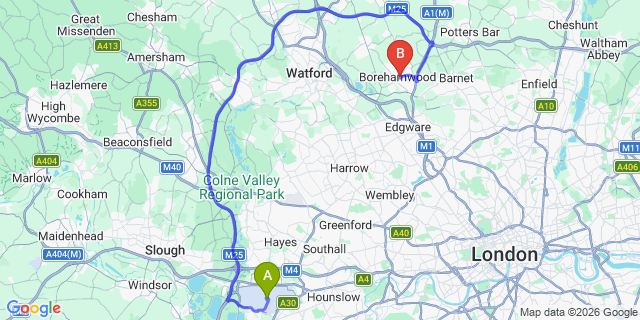 Map: London Heathrow Airport (LHR) to London - Borehamwood
