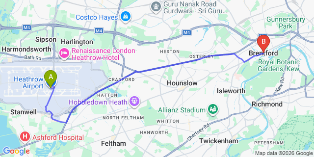 Map: London Heathrow Airport (LHR) to London - Brentford