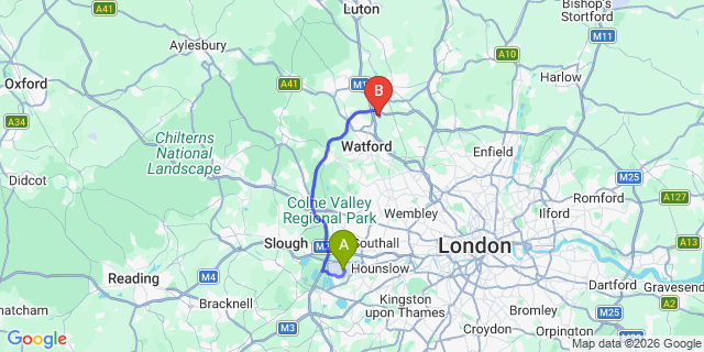 Map: London Heathrow Airport (LHR) to London - Bricket Wood