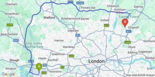 Map: London Heathrow Airport (LHR) to London - Buckhurst Hill