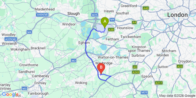 Map: London Heathrow Airport (LHR) to London - Byfleet