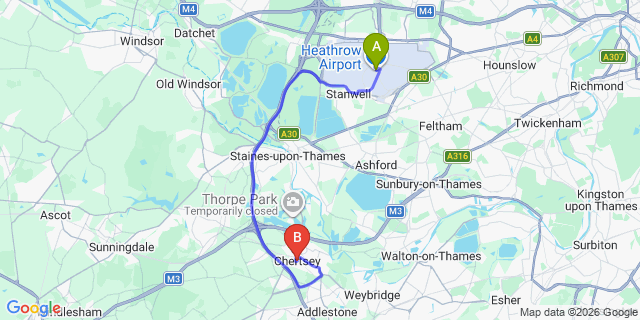 Map: London Heathrow Airport (LHR) to London - Chertsey