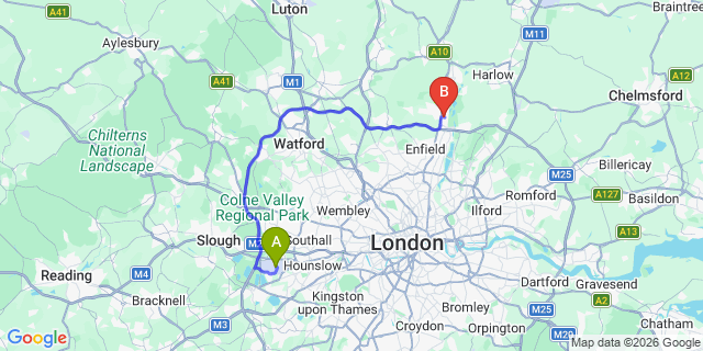 Map: London Heathrow Airport (LHR) to London - Cheshunt