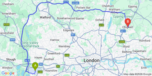 Map: London Heathrow Airport (LHR) to London - Chigwell