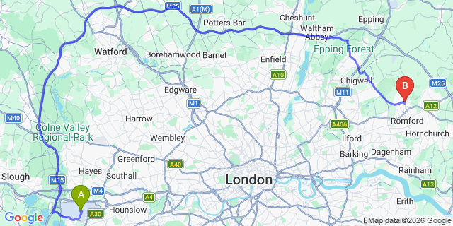 Map: London Heathrow Airport (LHR) to London - Collier Row
