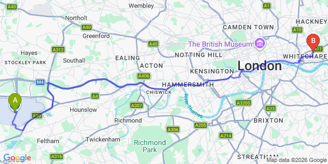 Map: London Heathrow Airport (LHR) to London E1