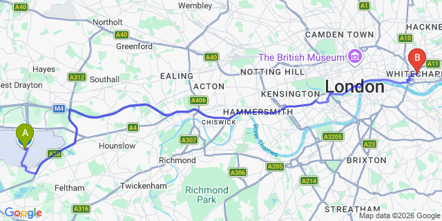 Map: London Heathrow Airport (LHR) to e1 whitechapel