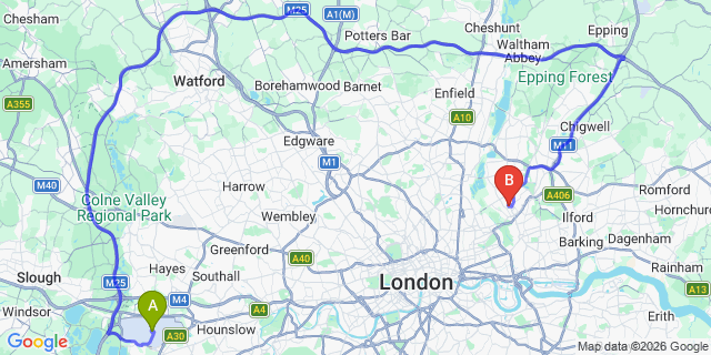 Map: London Heathrow Airport (LHR) to London E10
