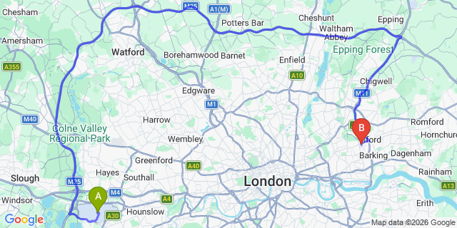 Map: London Heathrow Airport (LHR) to E12 Manor Park
