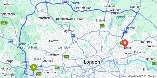 Map: London Heathrow Airport (LHR) to London E12