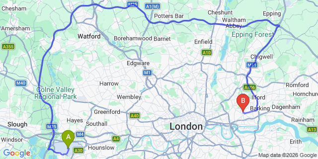 Map: London Heathrow Airport (LHR) to London E13