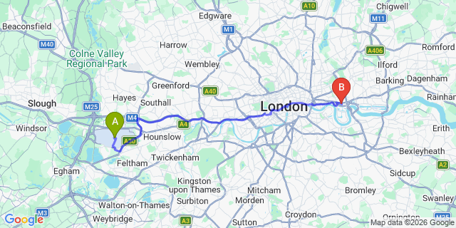 Map: London Heathrow Airport (LHR) to London E14