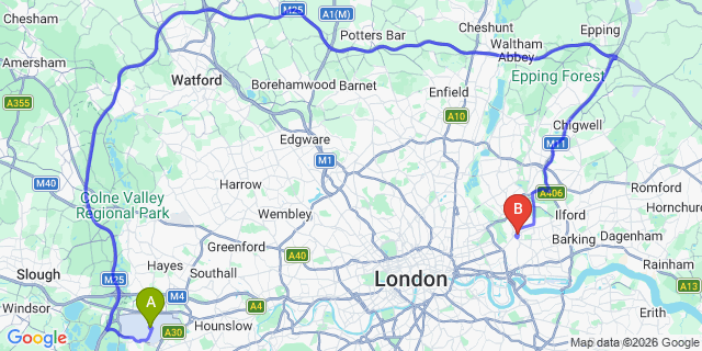 Map: London Heathrow Airport (LHR) to London E15