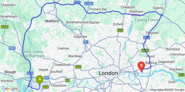 Map: London Heathrow Airport (LHR) to London E16