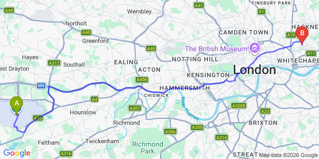 Map: London Heathrow Airport (LHR) to London E2