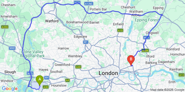 Map: London Heathrow Airport (LHR) to E3 Bow