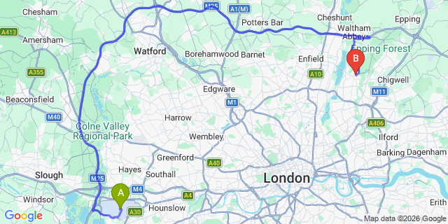 Map: London Heathrow Airport (LHR) to E4 Chingford