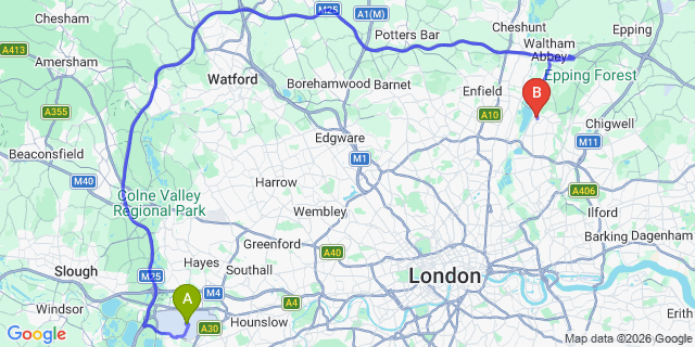 Map: London Heathrow Airport (LHR) to London E4