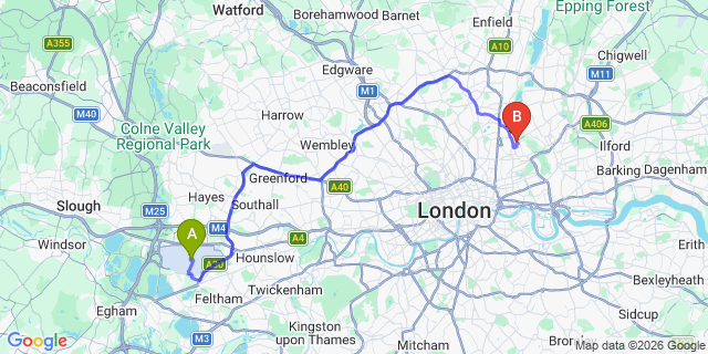 Map: London Heathrow Airport (LHR) to London E5