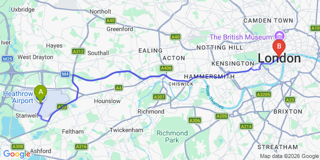Map: London Heathrow Airport (LHR) to London EC2