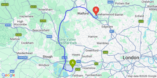 Map: London Heathrow Airport (LHR) to London - Elstree