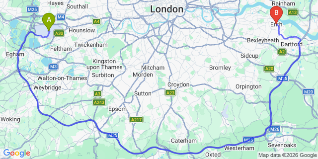 Map: London Heathrow Airport (LHR) to London - Erith