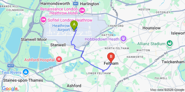 Map: London Heathrow Airport (LHR) to London - Feltham