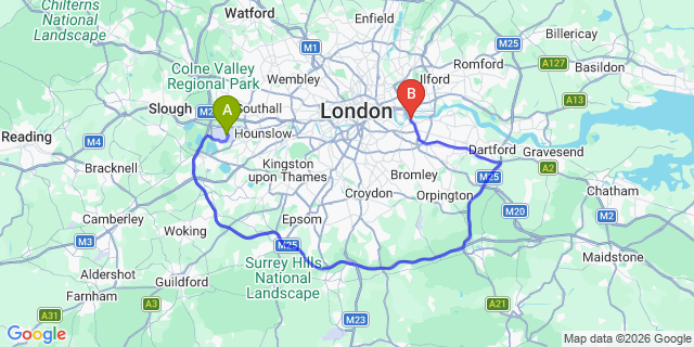 Map: London Heathrow Airport (LHR) to London - Greenwich