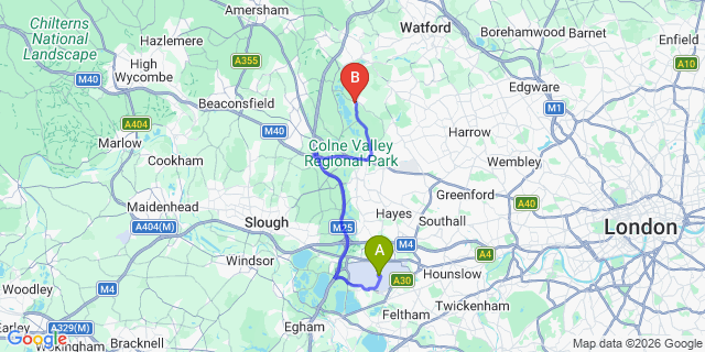 Map: London Heathrow Airport (LHR) to London - Harefield