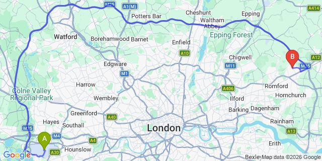 Map: London Heathrow Airport (LHR) to London - Harold Hill