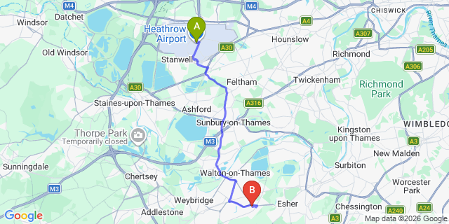 Map: London Heathrow Airport (LHR) to London - Hersham