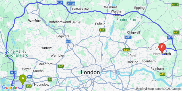 Map: London Heathrow Airport (LHR) to London - Hornchurch