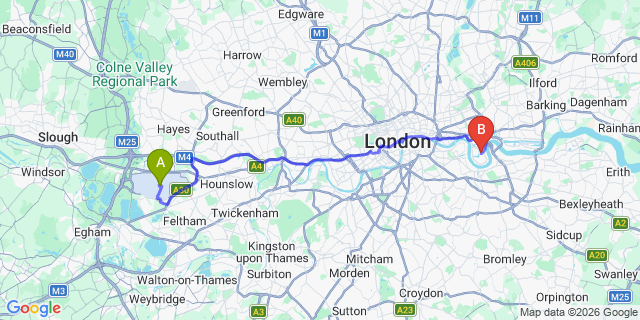 Map: London Heathrow Airport (LHR) to London - Isle of Dogs