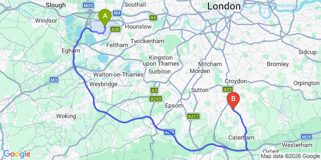 Map: London Heathrow Airport (LHR) to London - Kenley