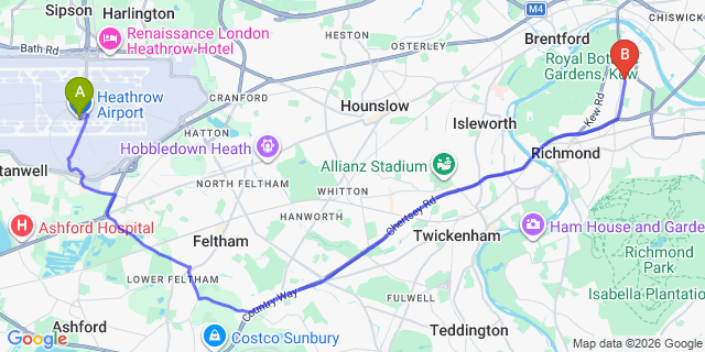 Map: London Heathrow Airport (LHR) to London - Kew