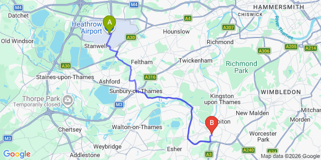 Map: London Heathrow Airport (LHR) to London - Long Ditton