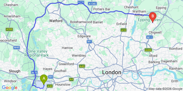 Map: London Heathrow Airport (LHR) to London - Loughton