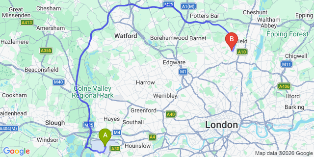 Map: London Heathrow Airport (LHR) to London N21