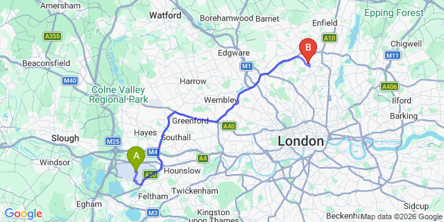 Map: London Heathrow Airport (LHR) to London N22