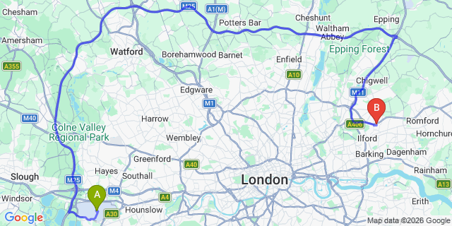 Map: London Heathrow Airport (LHR) to London - Newbury Park