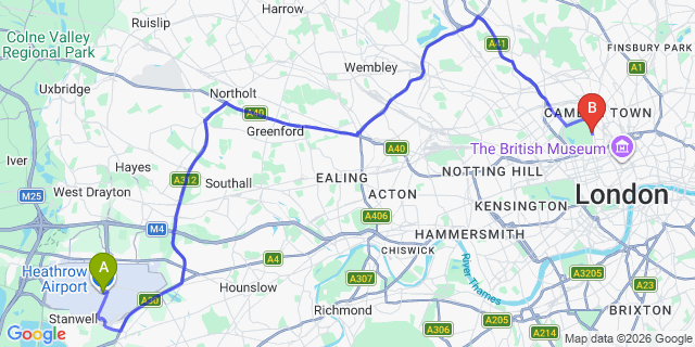Map: London Heathrow Airport (LHR) to London NW1