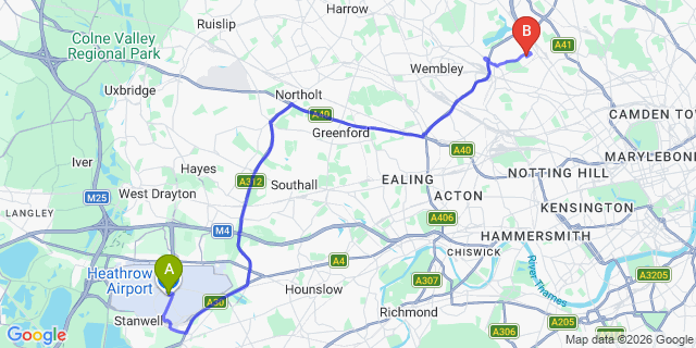 Map: London Heathrow Airport (LHR) to London NW2