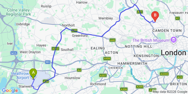 Map: London Heathrow Airport (LHR) to London NW3