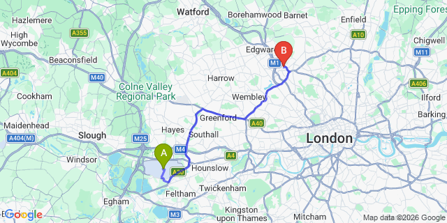 Map: London Heathrow Airport (LHR) to London NW4