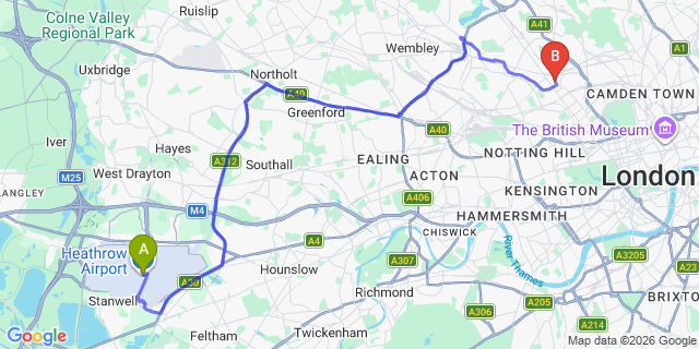 Map: London Heathrow Airport (LHR) to London NW6