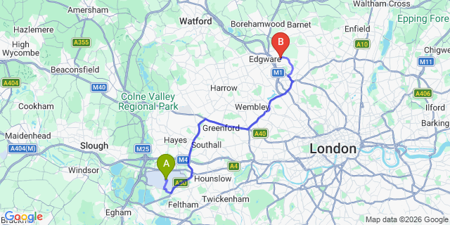Map: London Heathrow Airport (LHR) to London NW7
