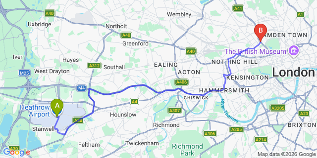 Map: London Heathrow Airport (LHR) to London NW8