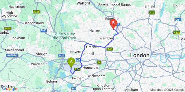 Map: London Heathrow Airport (LHR) to London NW9