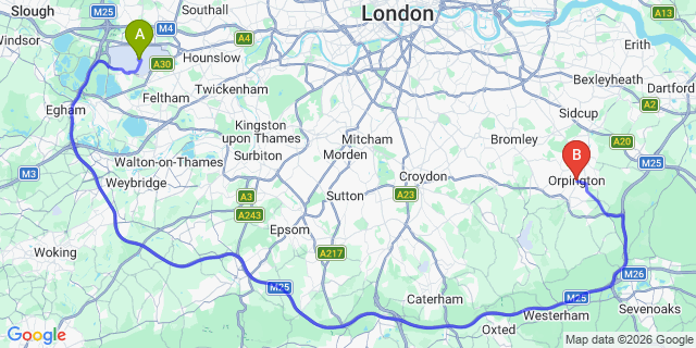 Map: London Heathrow Airport (LHR) to London - Orpington
