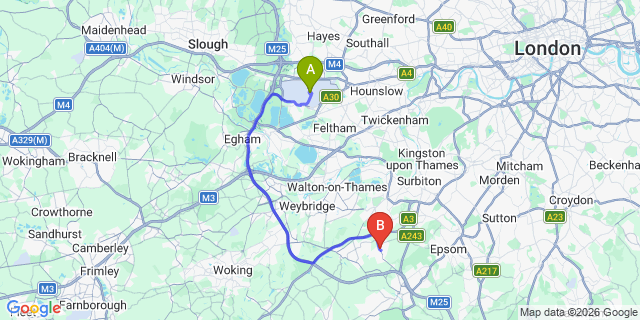 Map: London Heathrow Airport (LHR) to London - Oxshott
